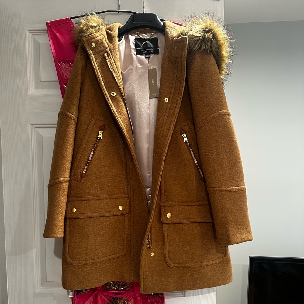 J. Crew Brown Hooded Coat with Faux Fur Trim